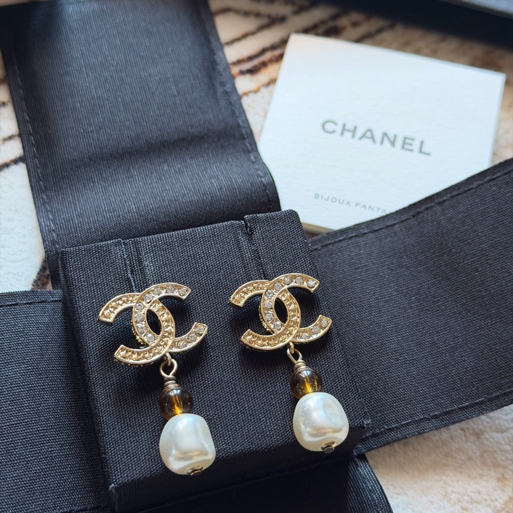 CHANEL Authentic Gold and White Pearl Earrings